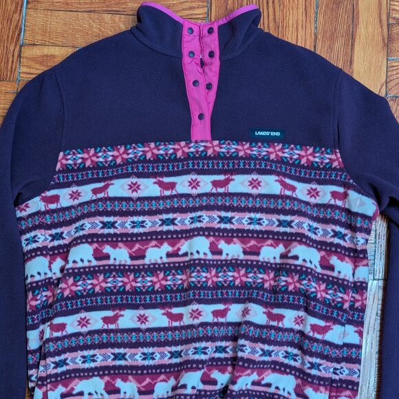 Lands End Women's Fleece Pullover Purple Pink Ivory Cream Fair Isle Size L - Picture 1 of 7